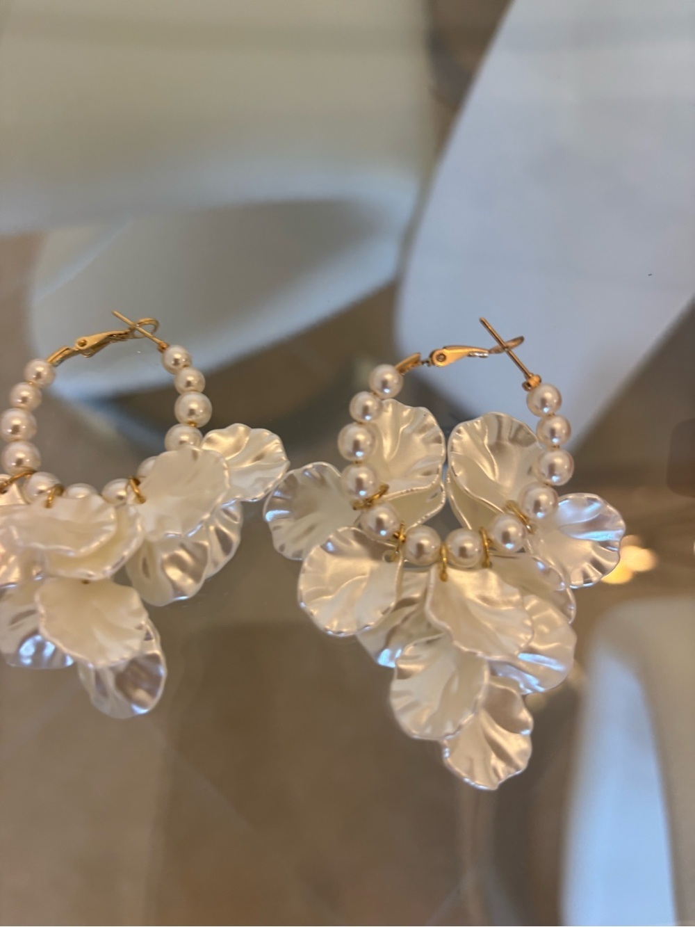 Gold-Accented Pearl Floral Hoop Earrings in White